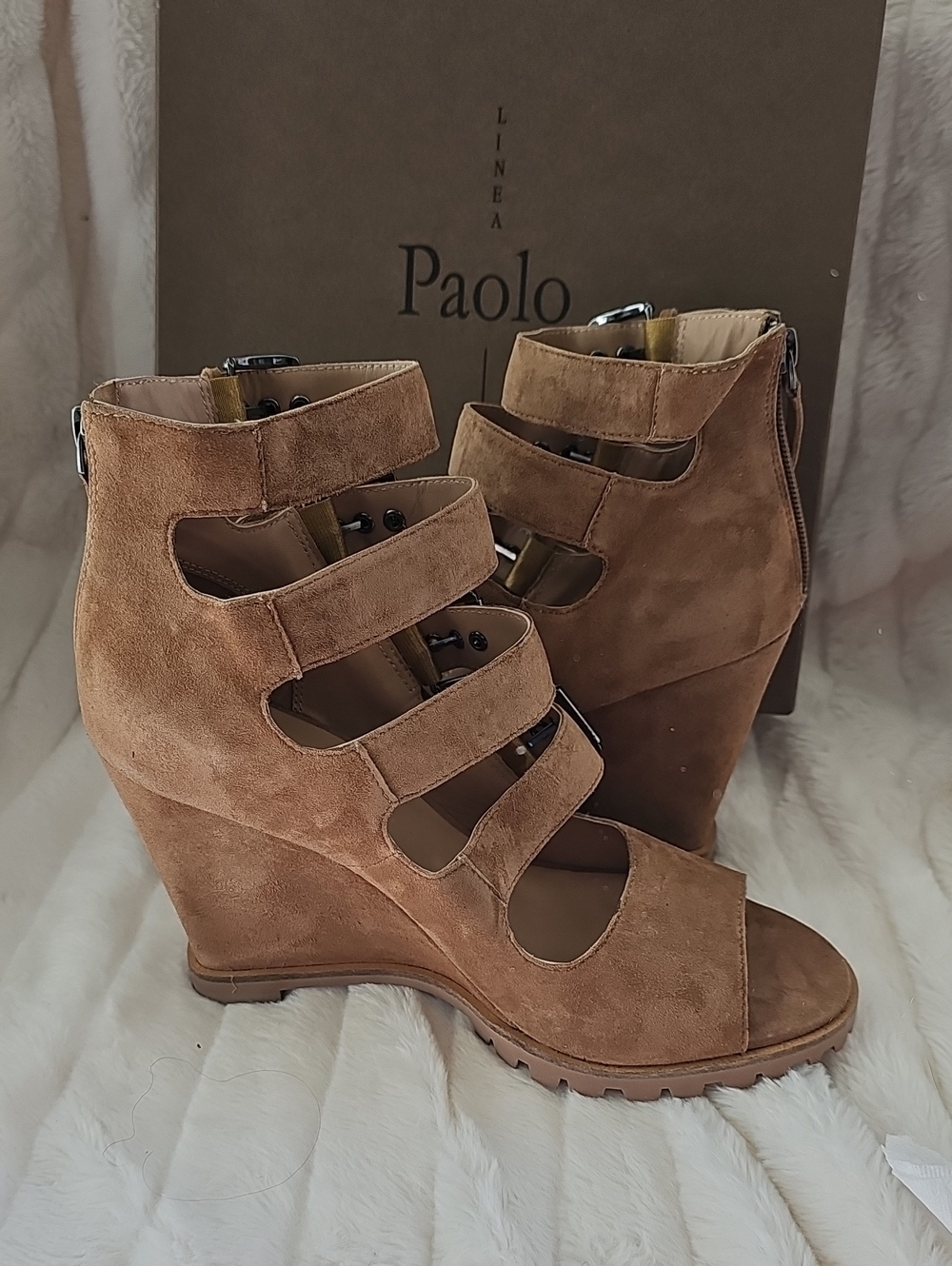 Paolo Brown Suede Multi-Strap Wedge Sandals